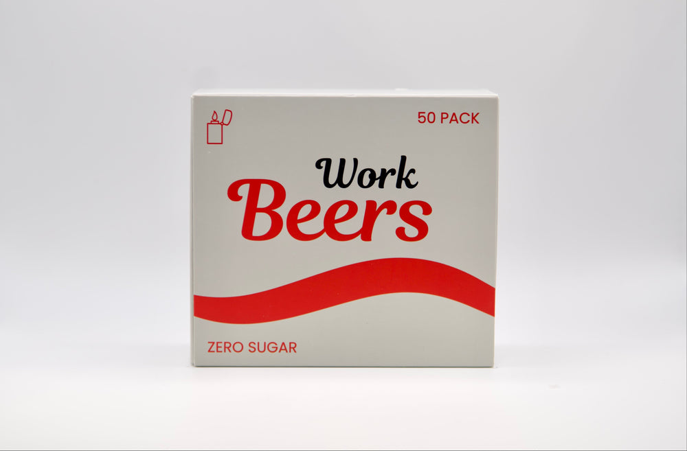 Box of 'Work Beers' golf tees zero sugar drinks with red and black text on a white background