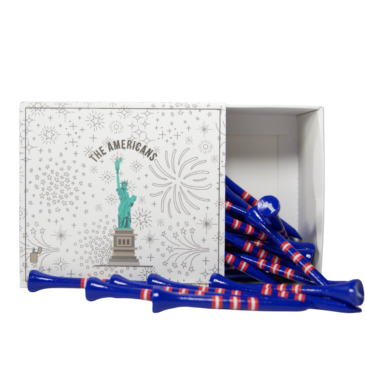 Box of 'The Americans' golf tees with blue and red stripes